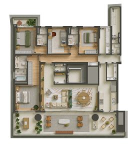 Planta Final 2, 4 dorm (2 suítes). Sugestão de decoração Estúdio Dutra 220 m² 