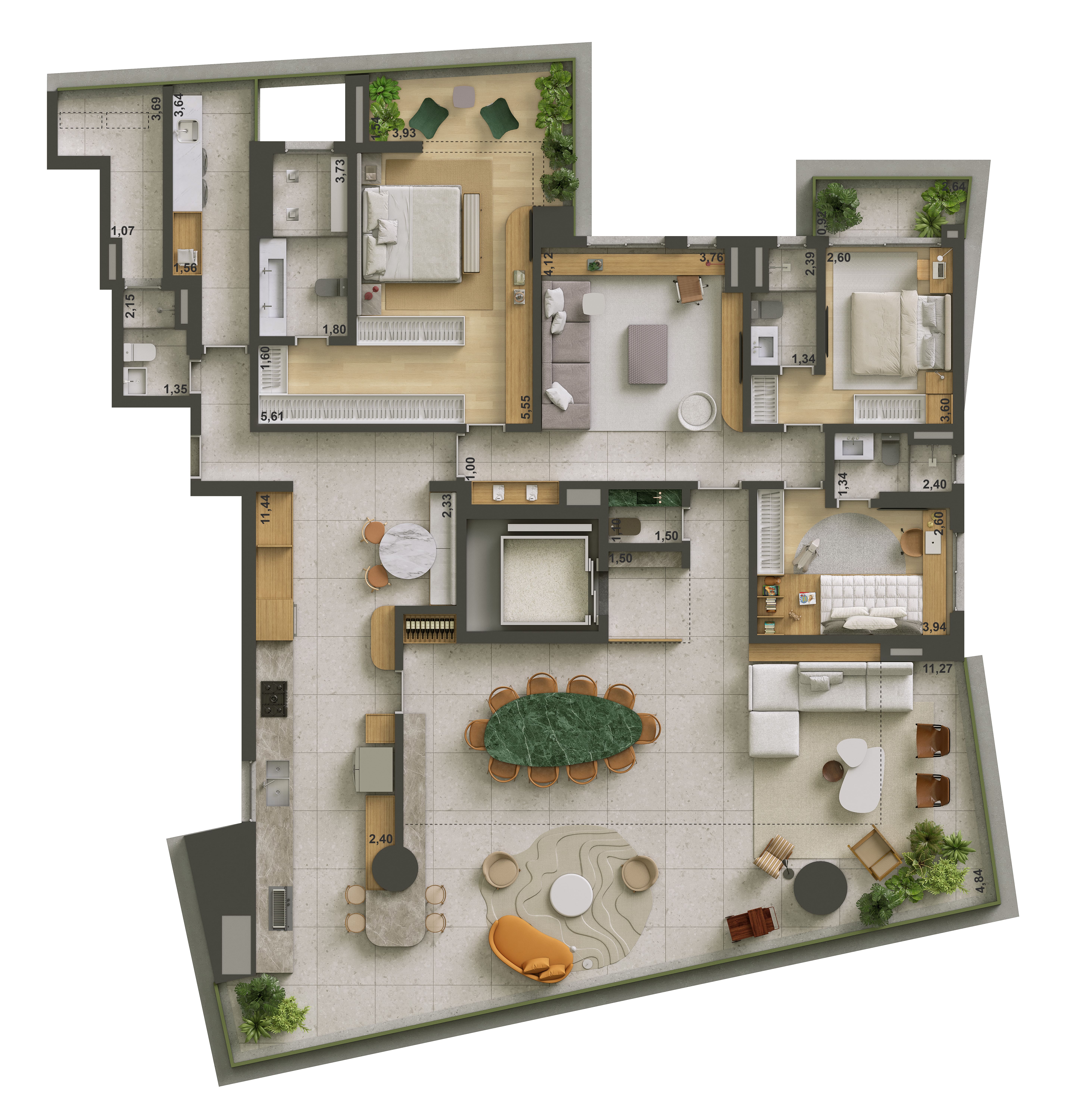Planta 4 suítes. Sugestão de decoração NJ+ Arquitetos 265 m²