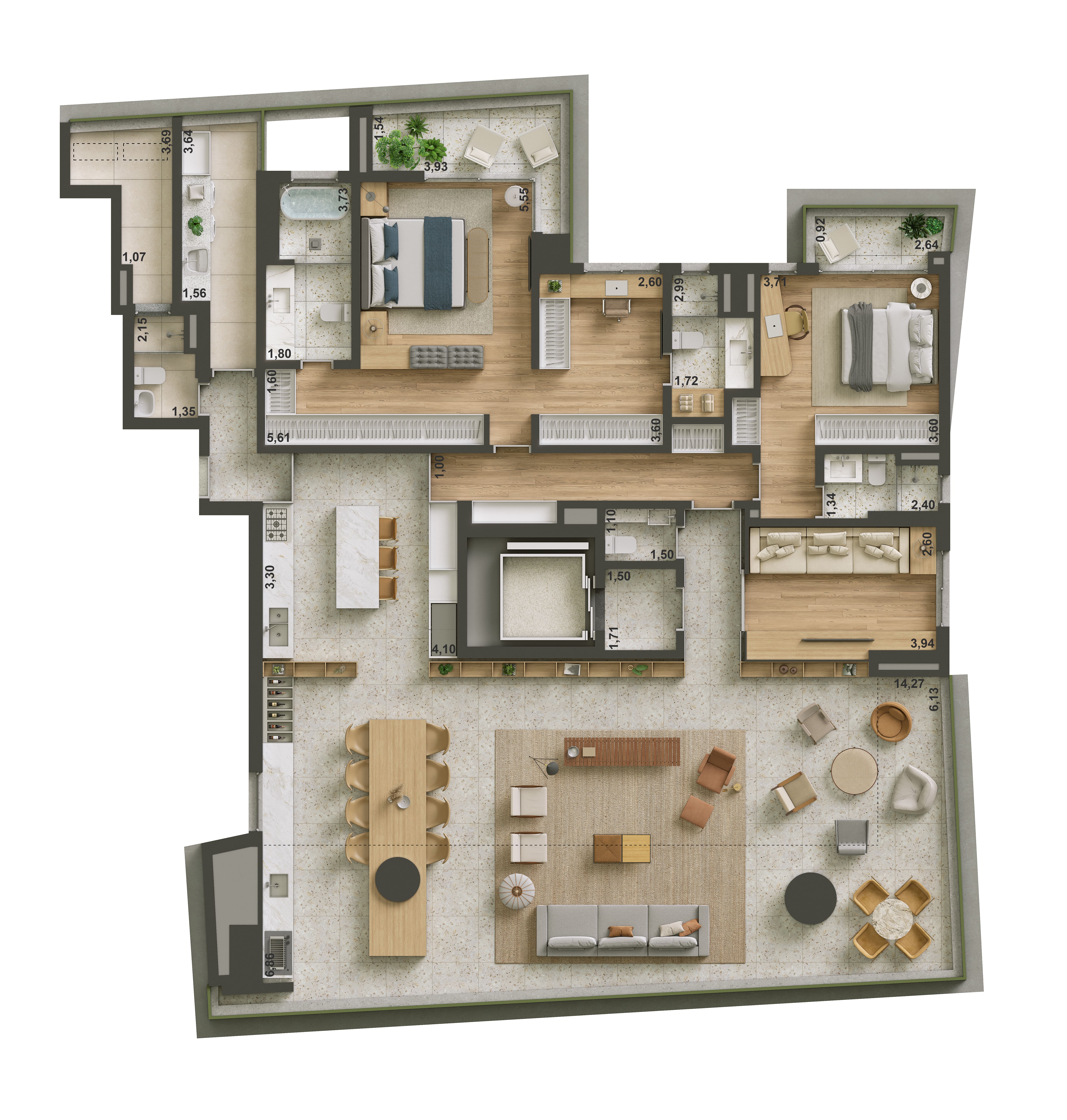 Planta 3 suítes. Sugestão de decoração ADF Arquitetura 265 m²
