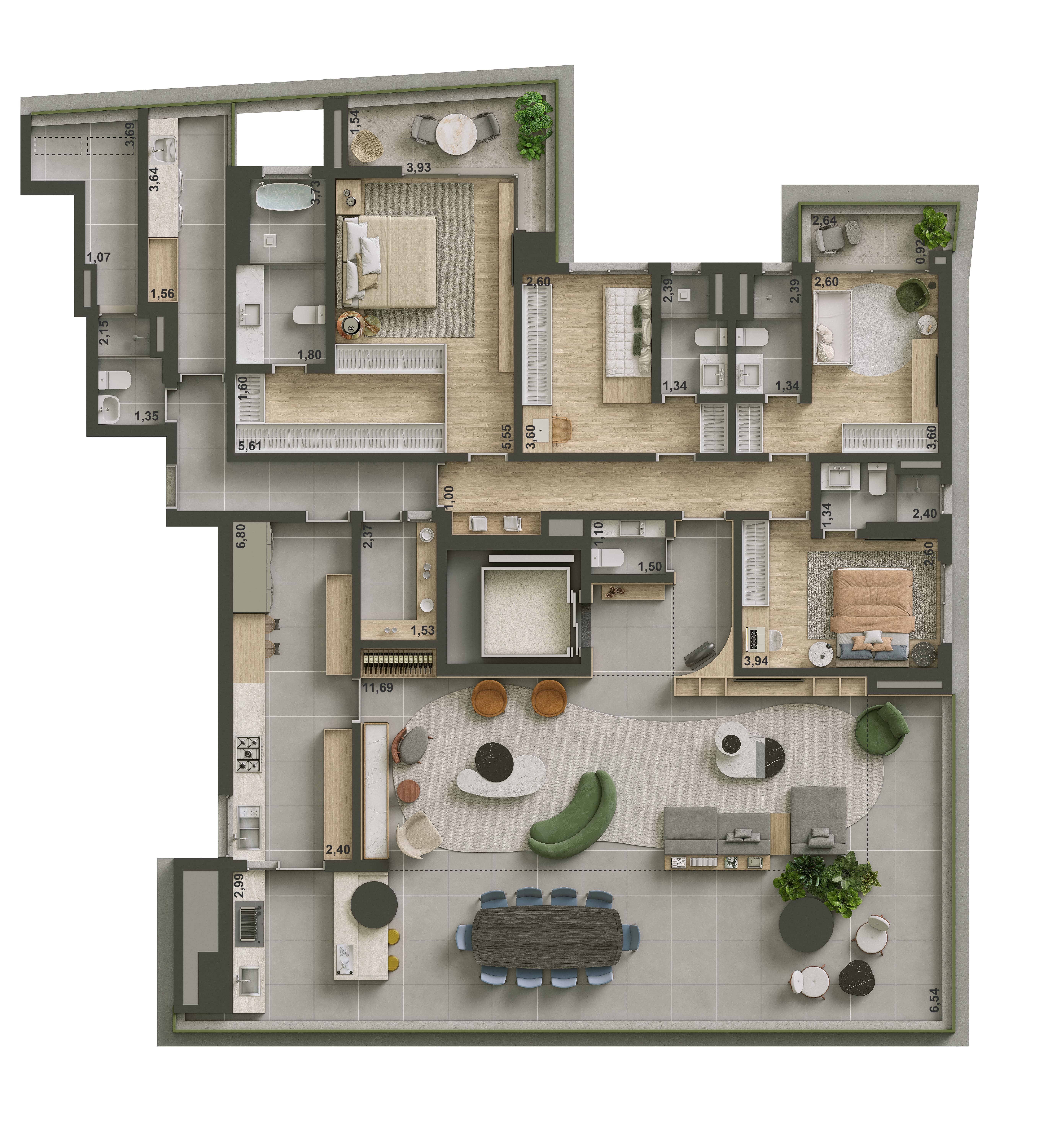 Planta 4 suítes. Sugestão de decoração Studio RoCa 265 m²