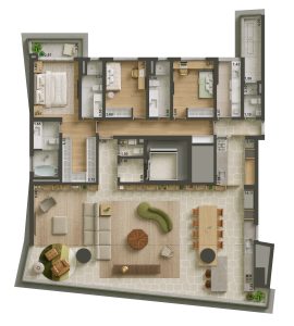 Planta Final 2, 3 suítes. Sugestão de decoração ADF Arquitetura 220 m² 